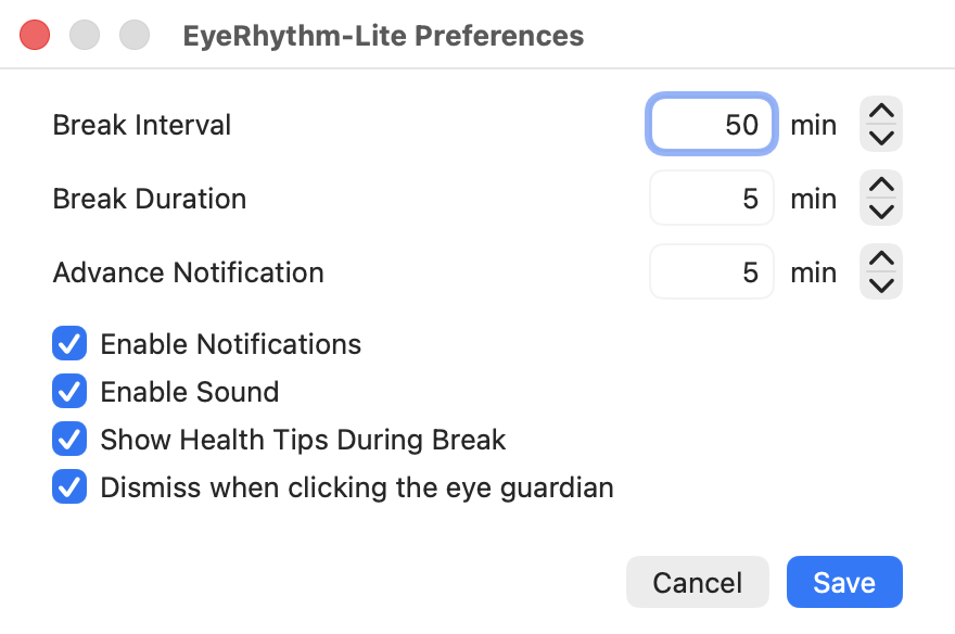 EyeRhythm-Lite 偏好设置真实界面